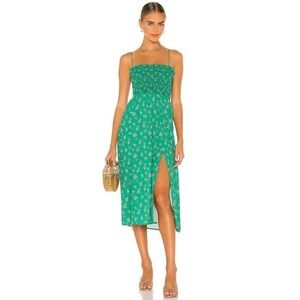RESA Ashley Midi Dress Smocked Ruffled Trim Side Slit Crepe Floral Green Small